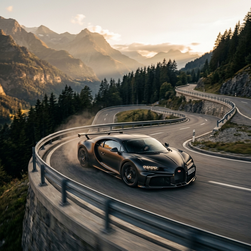 Hypercar on mountain road at golden hour