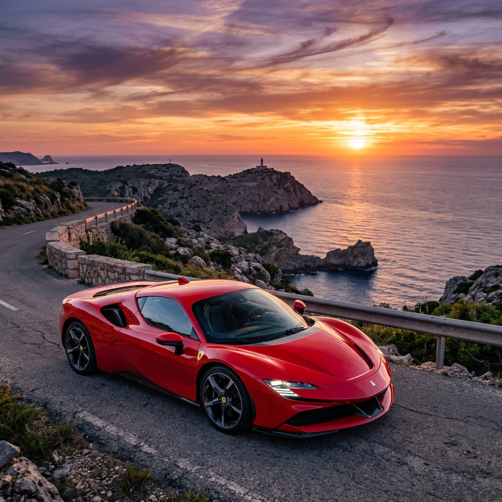 Ferrari on coastal cliffside at sunset